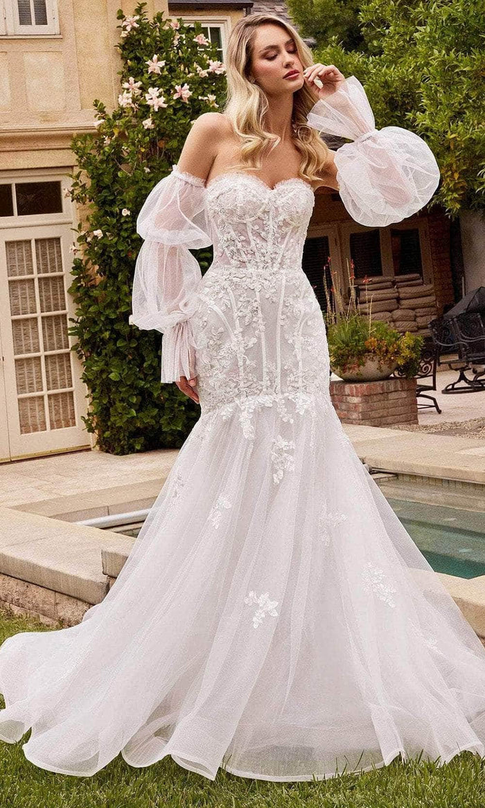 Ladivine CD858W - Puff Sleeve Bridal Gown Special Occasion Dress 2 / Off White