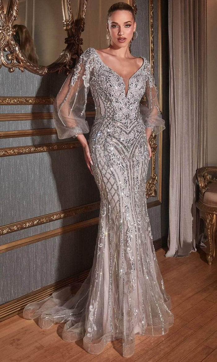 Ladivine CD864 - Long Sleeve Beaded Evening Gown Evening Dresses 6 / Silver
