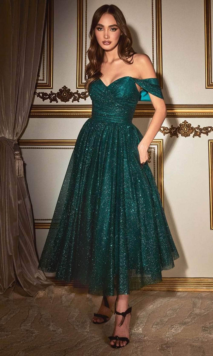 Ladivine CD870 - Off-Shoulder Tea-Length Dress Cocktail Dresses 2 / Emerald