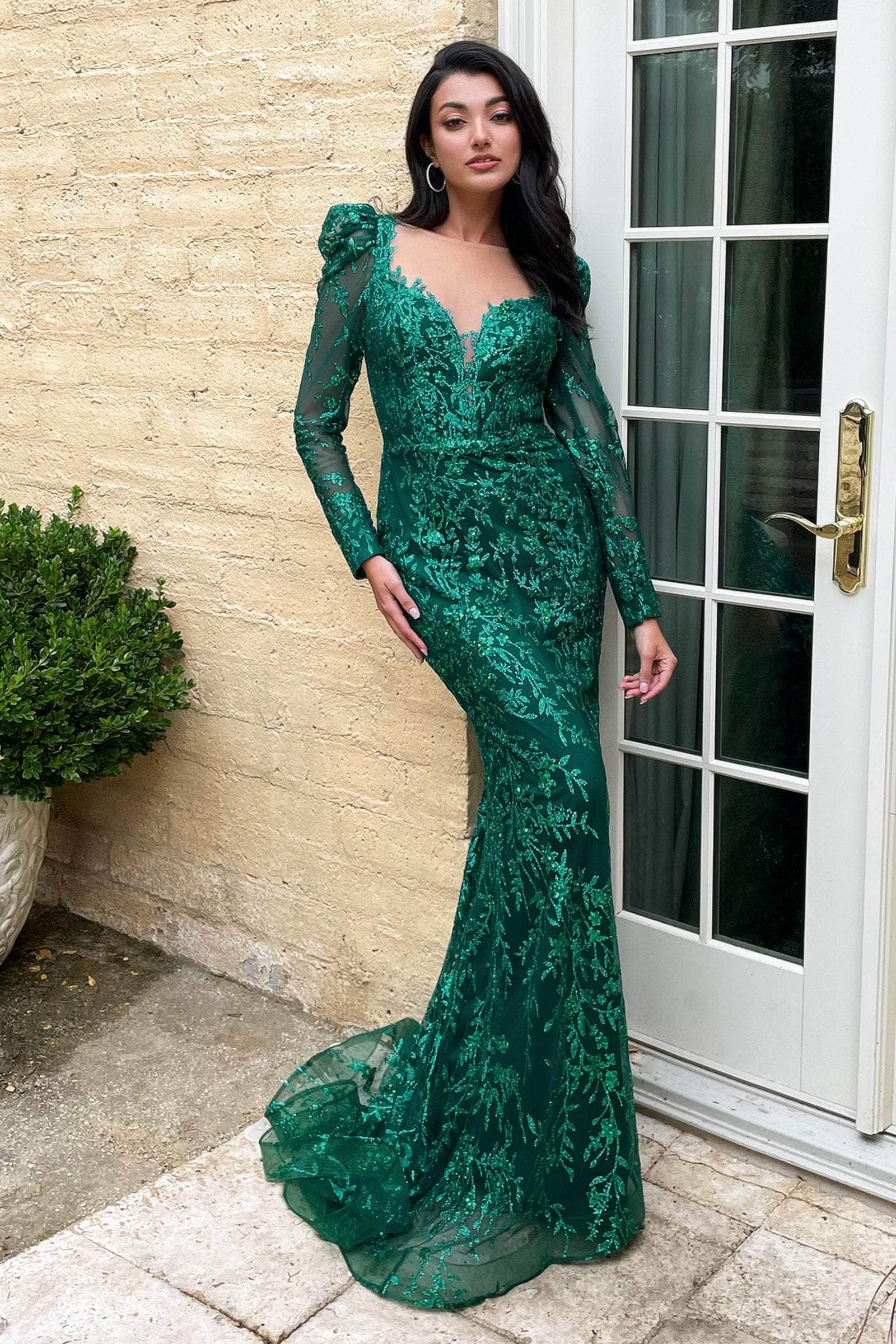 Light Green Long Sleeves Sequins Beadings Mermaid Evening Dress With V-Neck  |Ballbellas