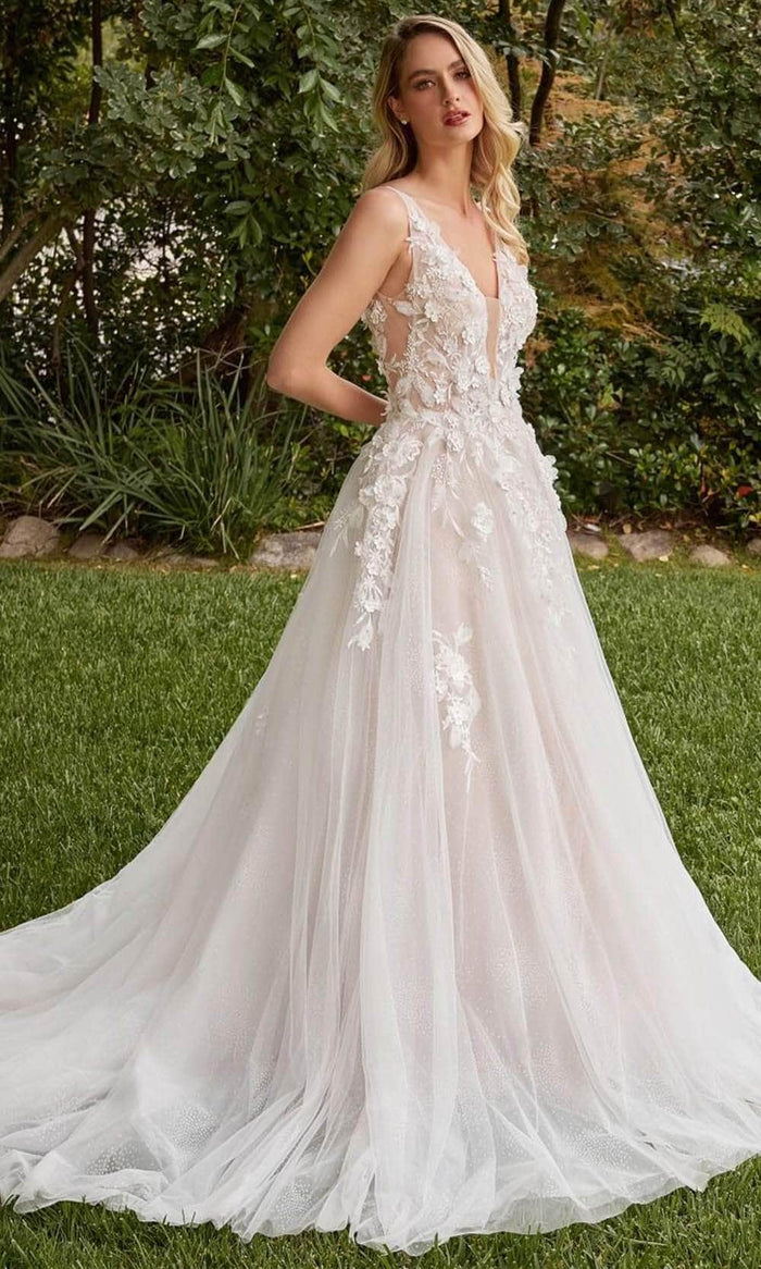Ladivine CDS436W - 3D Embellished A-line Bridal Gown Bridal Dresses 2 / Off White-Nude