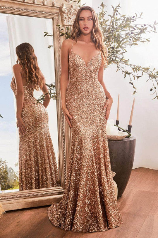 Ladivine CH066 - Spaghetti Strap Sequin Gown