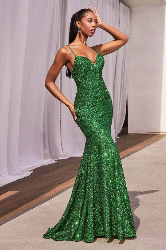 Ladivine CH066 - Spaghetti Strap Sequin Gown