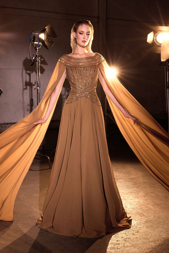 Ladivine CL08 - Bateau Neck Beaded Cape Gown