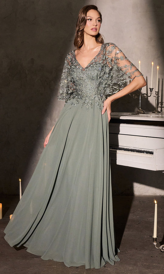 Ladivine CL10 - Embroidered Cape Sleeve A-Line Formal Gown