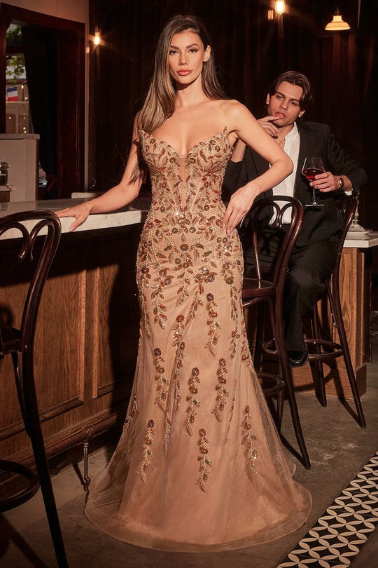 Ladivine CM382 - Plunging Neck Strapless Prom Gown