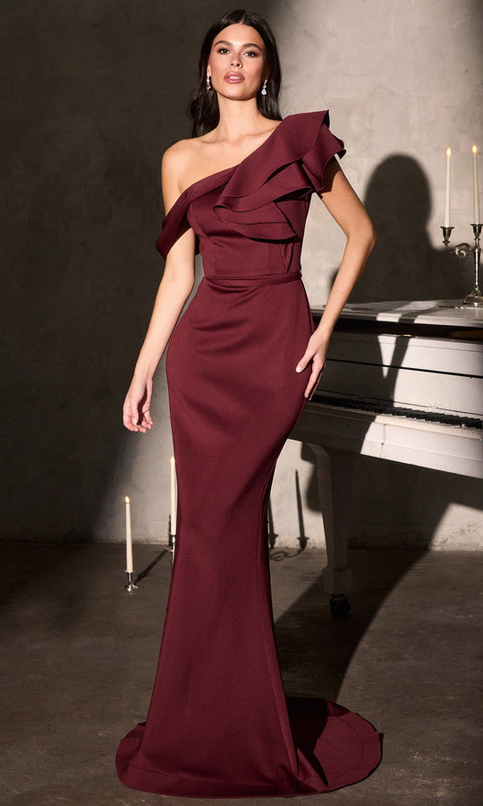 Ladivine CR886 - One Shoulder Ruffled Scuba Evening Gown