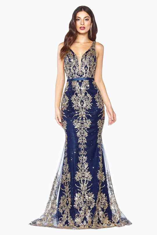 Ladivine J786 - Sleeveless Applique Embellished Prom Gown Special Occasion Dress 6 / Navy Gold