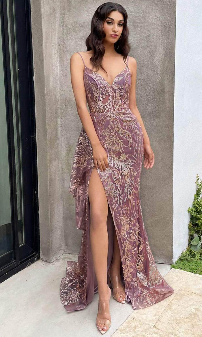 Ladivine J856 - Glitter Print High Slit Gown Special Occasion Dress 2 / Gold-Violet