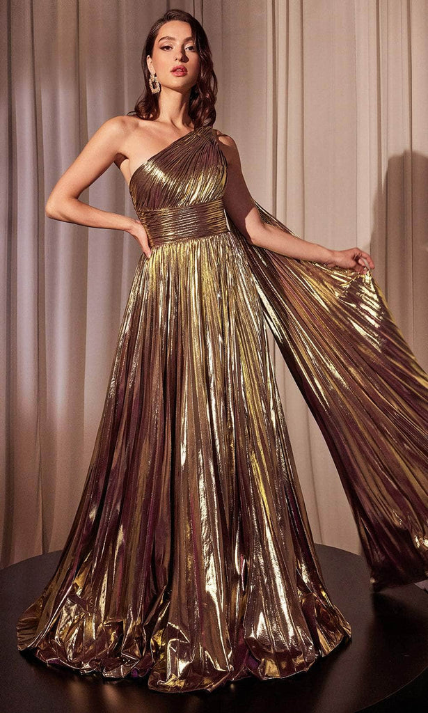 Ladivine J874 - Long Metallic Lame A-Line Dress - Sleeveless, One Shoulder,  Sash, Pleated, Mid-Open Back, Wide Waistband, Sweep Train  Couture Candy