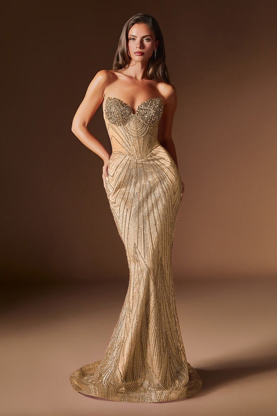 Ladivine J903 Crystal Encrusted Basque Sheath Gown