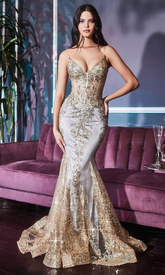 Ladivine - V-Neck Sheer Corset Evening Gown J810 Evening Dresses 2 / Gold-Mist