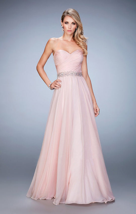 La Femme - Pleated Sweetheart Jeweled Waist A-Line Gown 22786