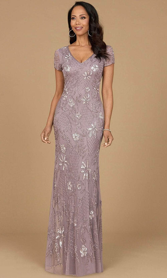 Lara Dresses 28972 - Floral Beaded Short Sleeve Evening Dress