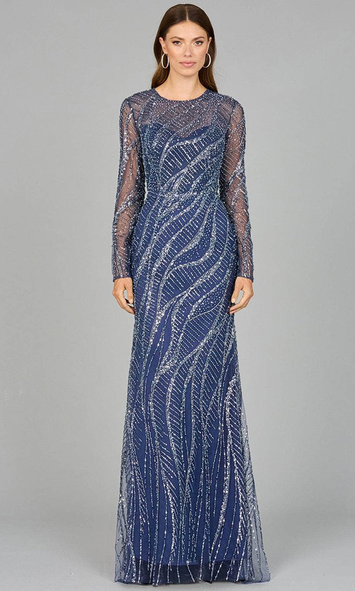 Lara Dresses 29039 - Swirl Beaded Long Sleeve Formal Dress Special Occasion Dress 4 / Blue