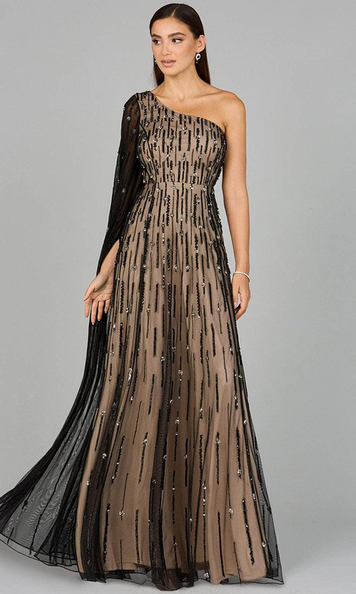 Lara Dresses 29083 - Embellished Floor-Length Cape Sleeve Prom Gown Evening Dresses 2 / Black