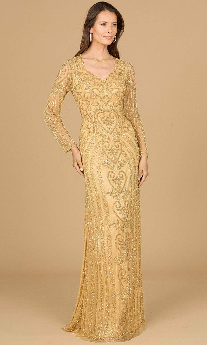 Lara Dresses 29114 - V-Neck Beaded Tulle Evening Gown Evening Gown 0 / Gold