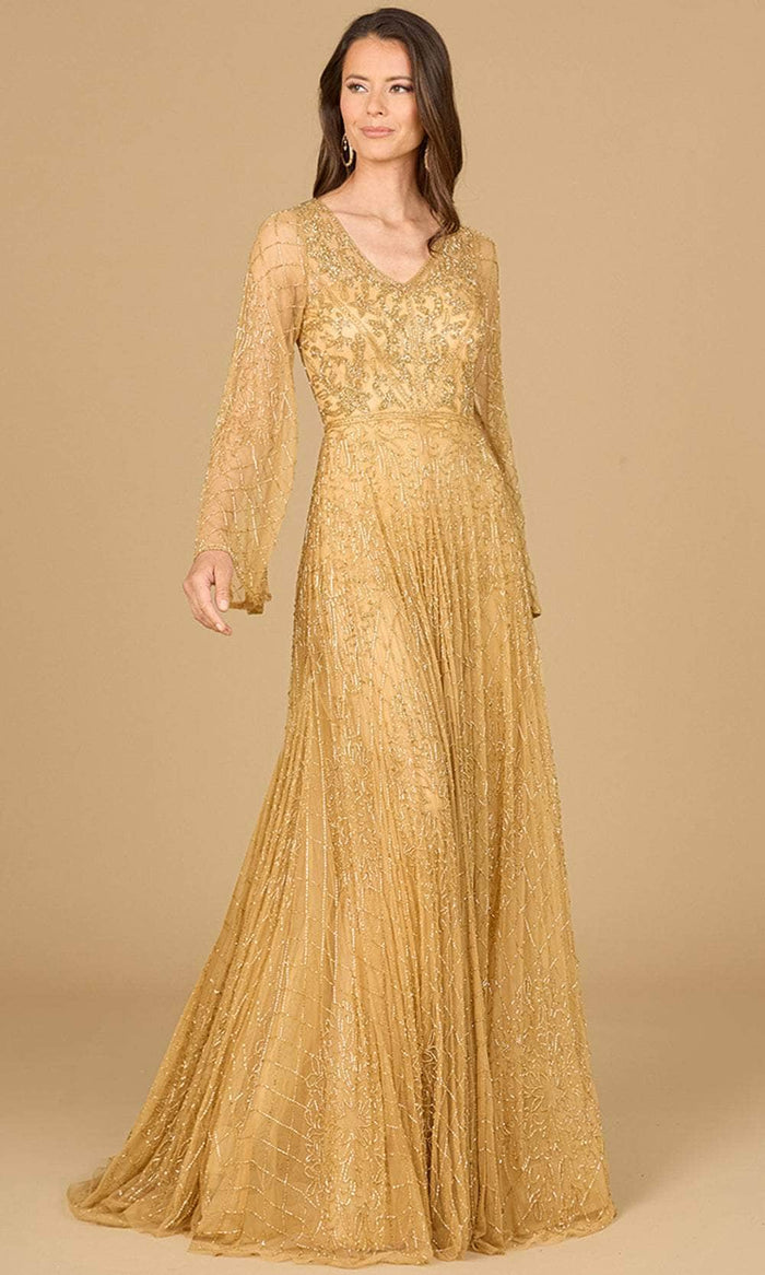 Lara Dresses 29115 - Flare Sleeve Embellished Gown Evening Dresses 0 / Gold
