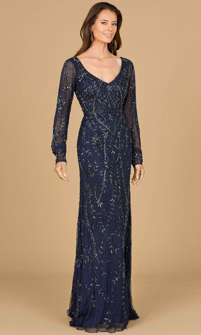 Lara Dresses 29120 - Bishop Sleeve Beaded Evening Gown Special Occasion Dress 0 / Navy