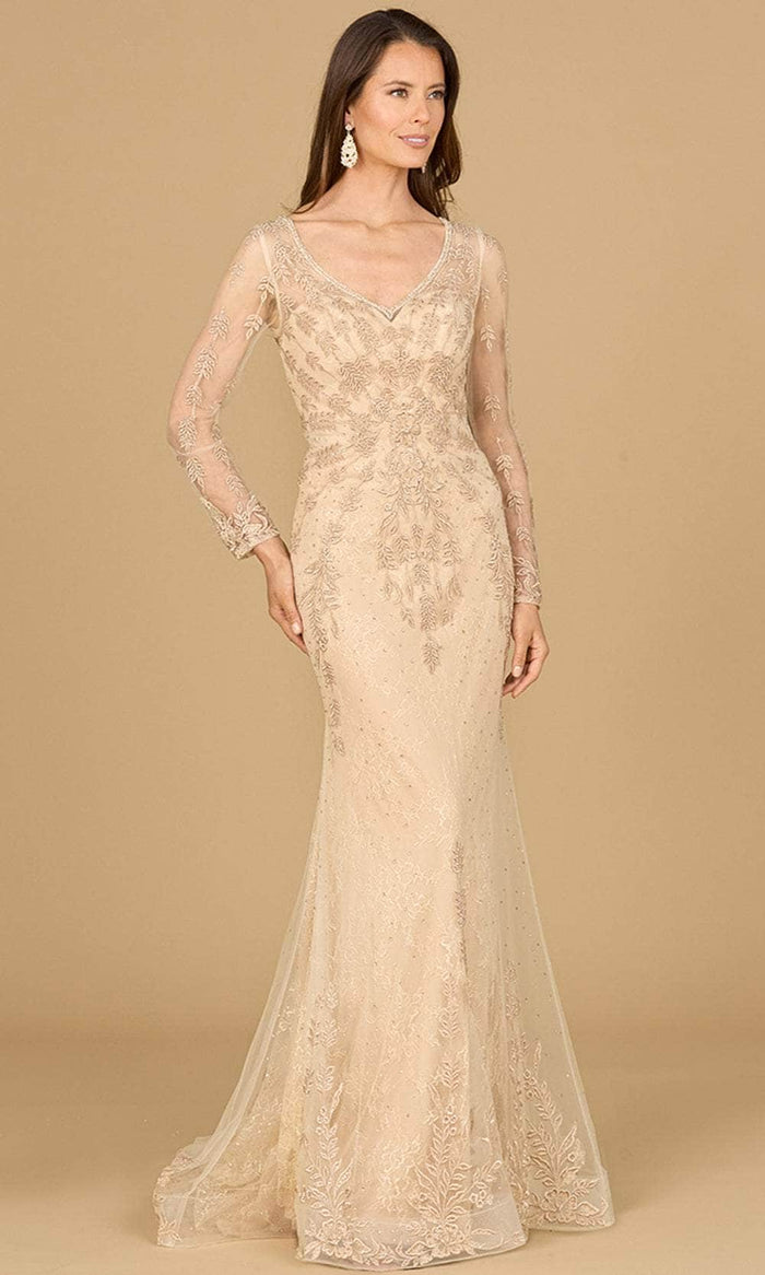Lara Dresses 29128 - Lace Appliqued V-Neck Evening Gown Evening Dresses 0 / Champagne