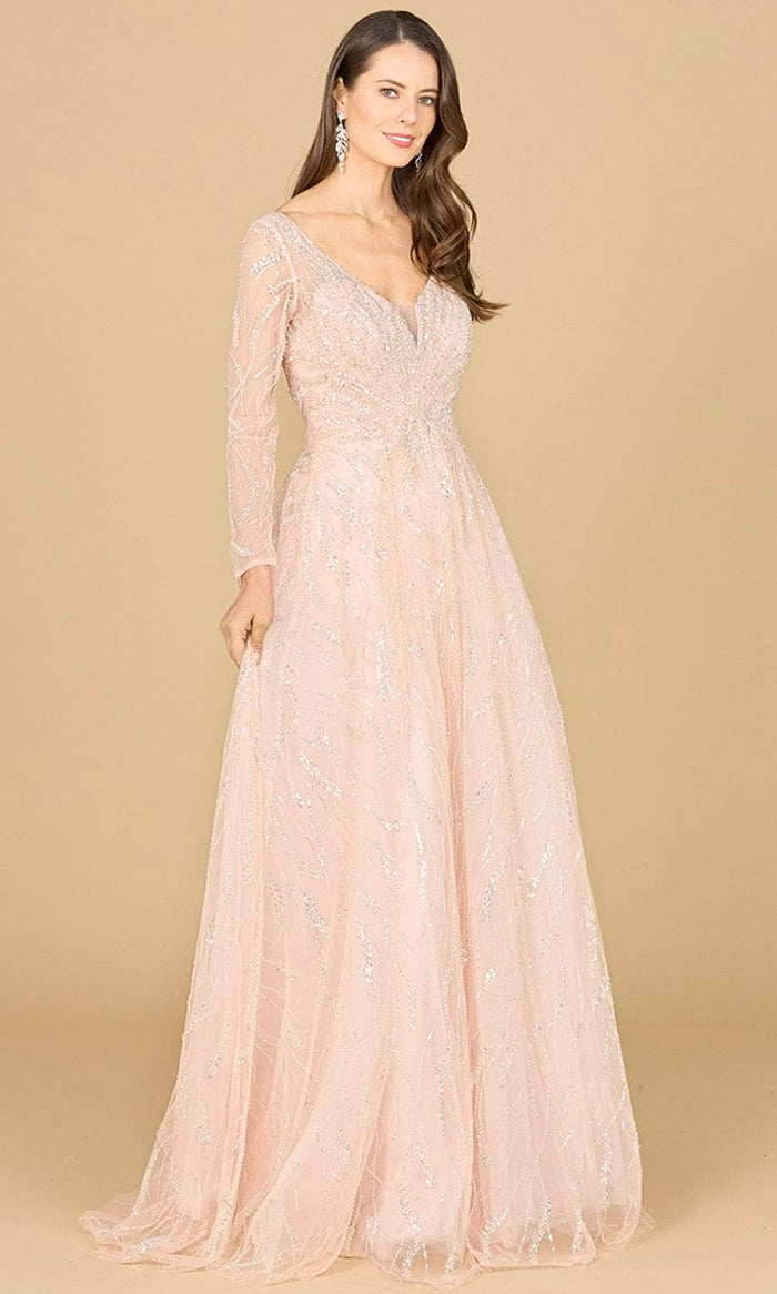 Lara Dresses 29157 - Beaded Lace V-Neck Evening Dress Evening Dresses 0 / Powder Pink
