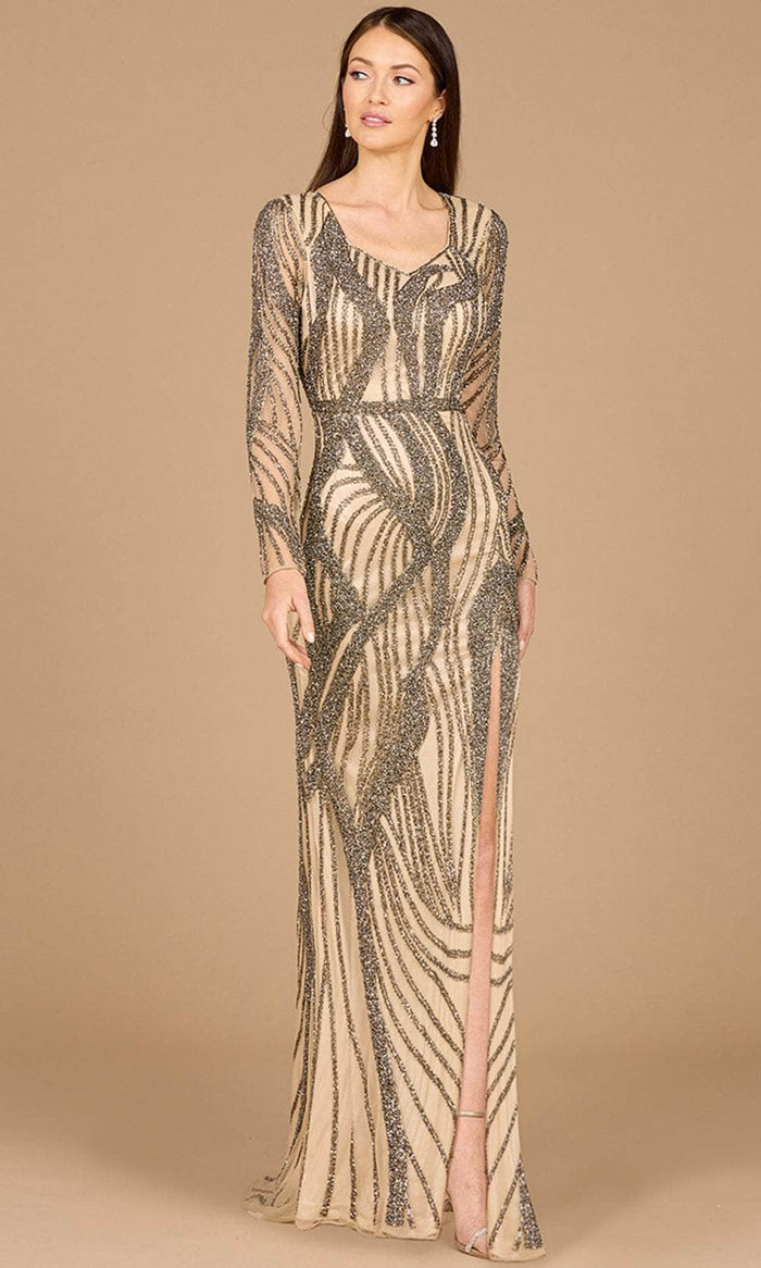 Lara Dresses 29165 - Beaded Long Sleeve Gown with Slit Evening Dresses 0 / Nude