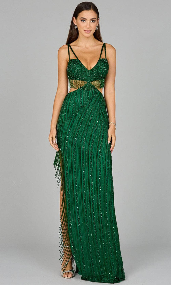 Lara Dresses 9957 - Beaded V-Neck Prom Dress with Fringes Special Occasion Dress 0 / Emerald