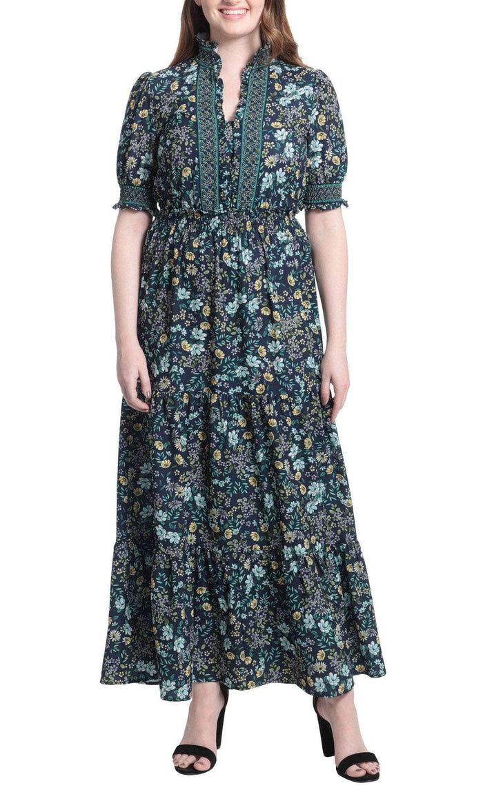 London Times T6141M - Banded Puff Sleeve Long Dress Evening Dresses 10 / Navy Aqua