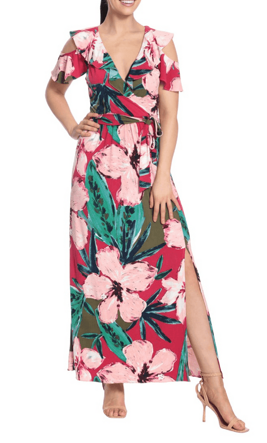London Times T6230M - Cold Shoulder Floral Maxi Dress