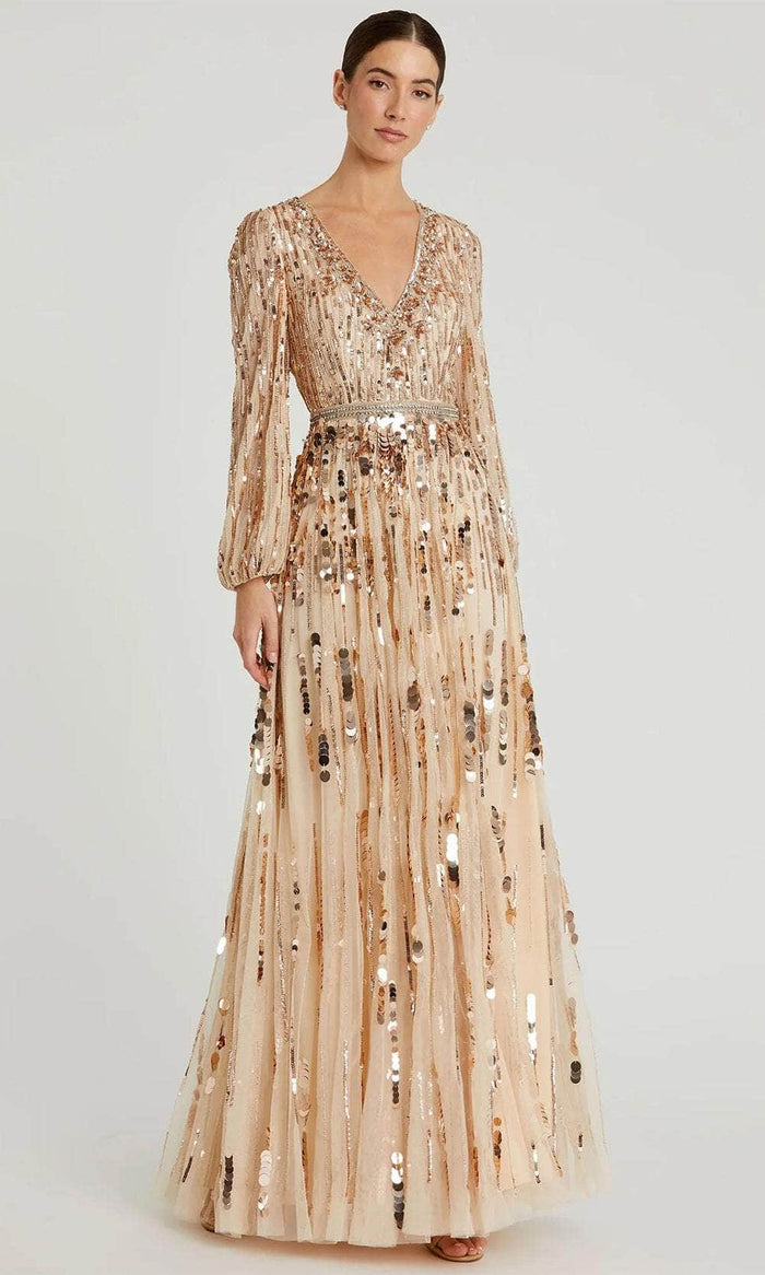 Embellished Mesh Long Sleeve V Neck Gown