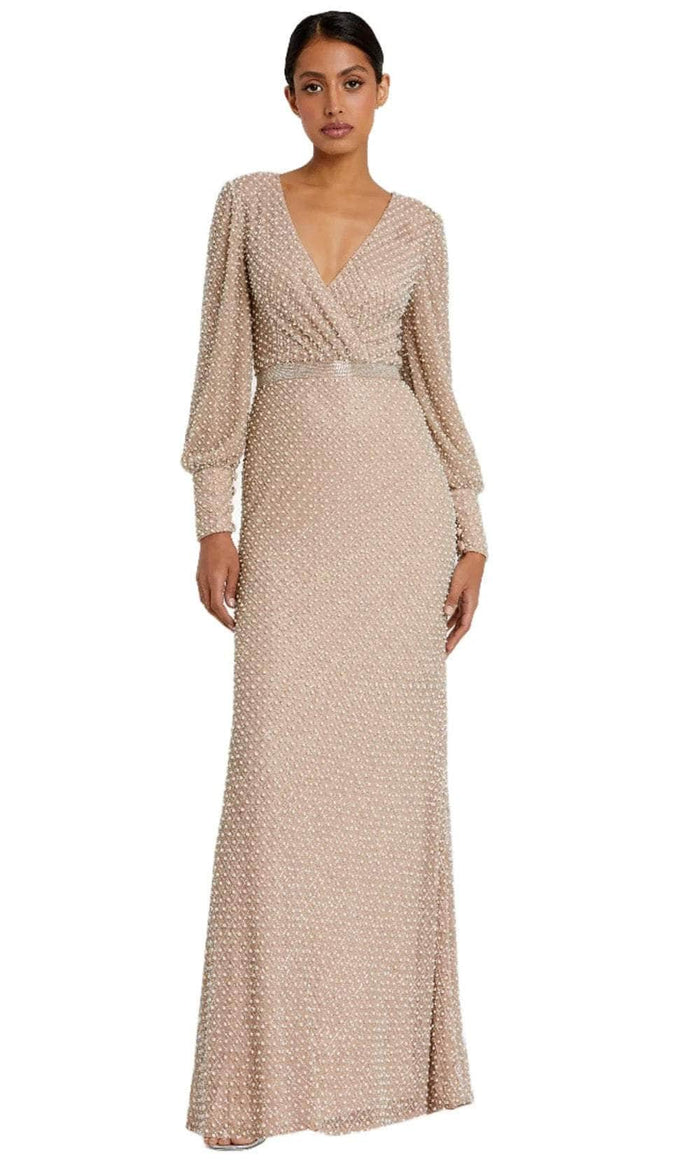 Mac Duggal 10062 - Bishop Sleeve Pearl Ornate Evening Gown Evening Dresses 4 / Ivory Nude