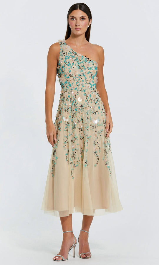 Mac Duggal 10086 - One Shoulder Floral Embellished Tea-Length Dress