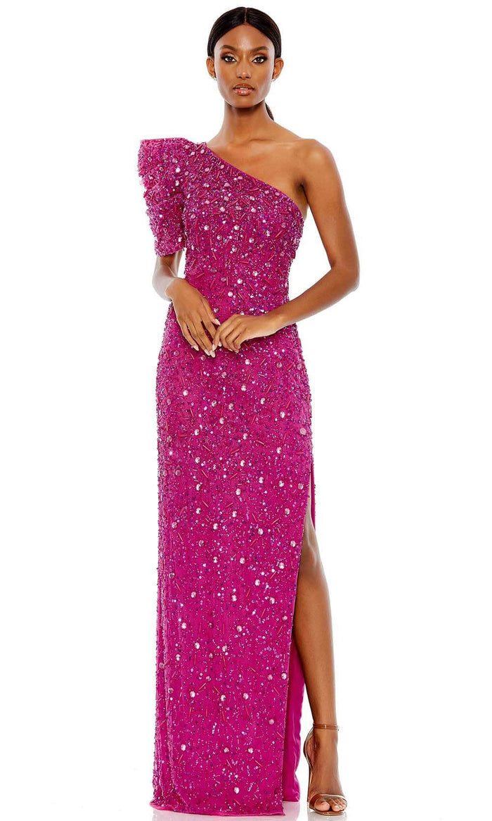 Mac Duggal 10912 - Puff Sleeves Bead Embellished Long Dress Prom Dresses 0 / Hot Pink