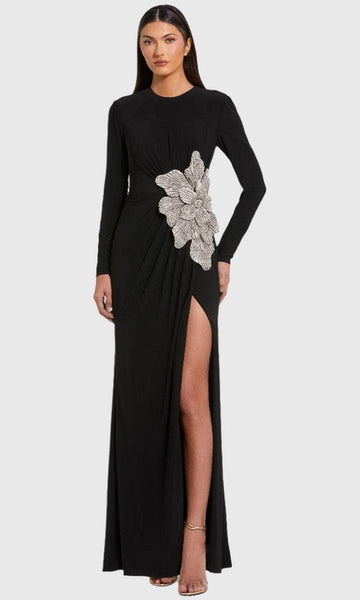 Mac Duggal - Black Jersey Gown With Embellished Flower