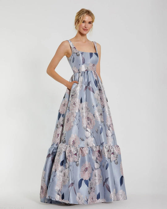 Mac Duggal 11826 - Floral Satin Square Neck Evening Dress