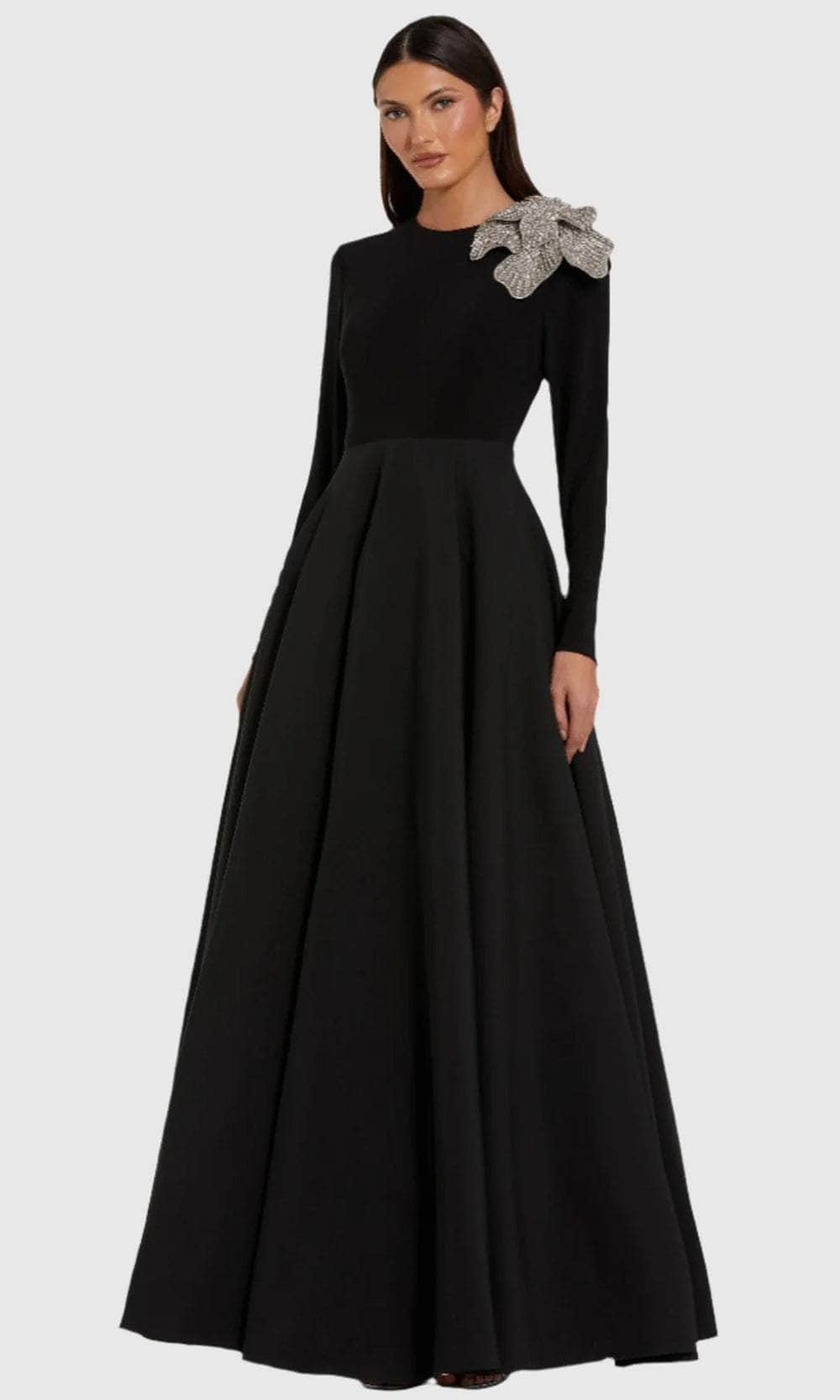 Mac Duggal - Black Long Sleeve Taffeta Ball Gown With 3D Rhinestone Flower - Black / US 8 Mac Duggal - Black Long Sleeve Taffeta Ball Gown With 3D Rhinestone Flower - Black / US 8