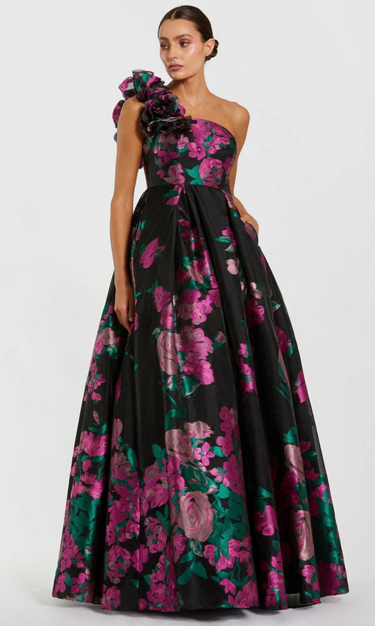 Mac Duggal 11967 - Asymmetric Neck Floral Pleated Ballgown