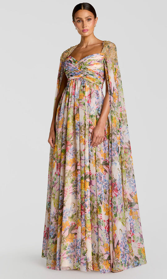 Mac Duggal 11990 - Floral A-Line Gown with Beaded Cape Sleeves