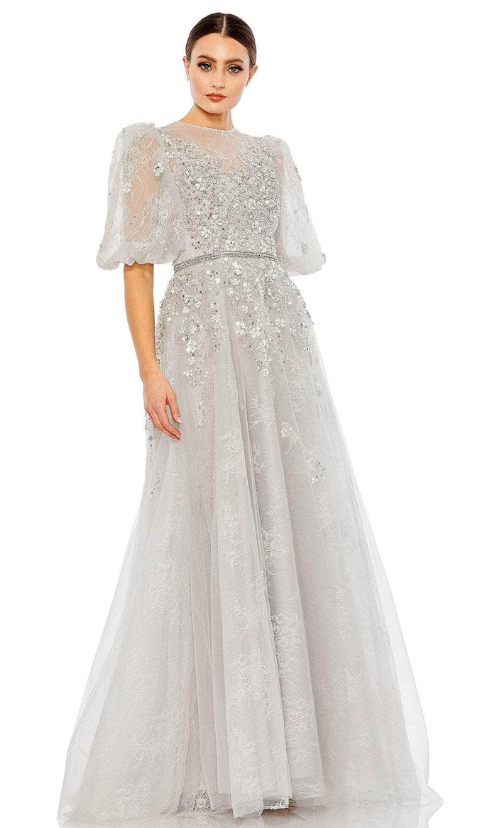 Mac Duggal 20445 - Puff Sleeve Lace Evening Gown Special Occasion Dress 4 / Platinum