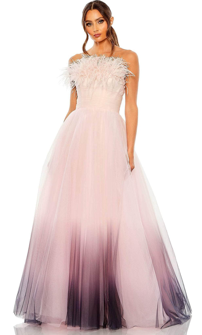 Pink Ombre Strapless Feather Bodice Tulle Gown - Mac Duggal US 8 Pink Ombre Strapless Feather Bodice Tulle Gown - Mac Duggal US 8