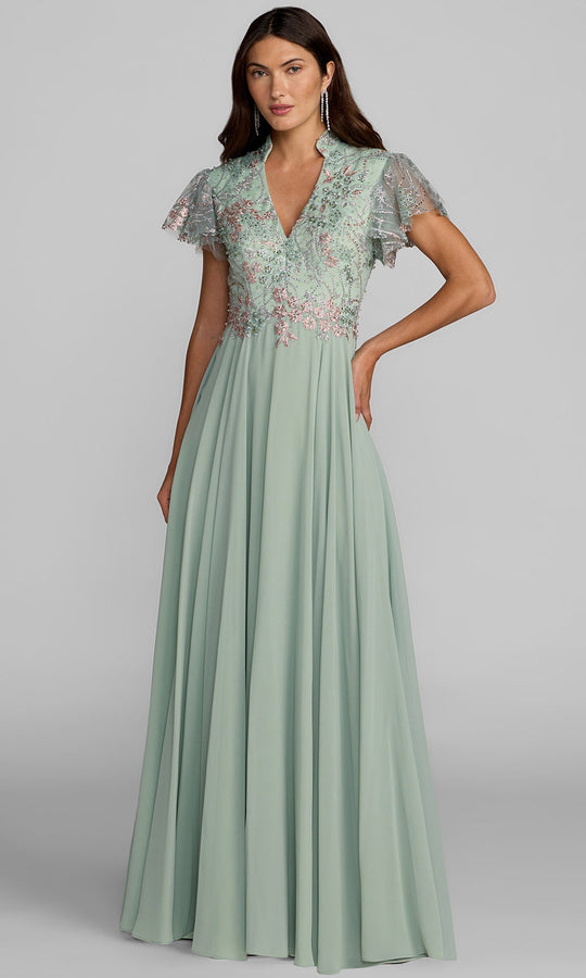 Mac Duggal 21314 - Embroidered Floral Flutter Sleeve Evening Gown
