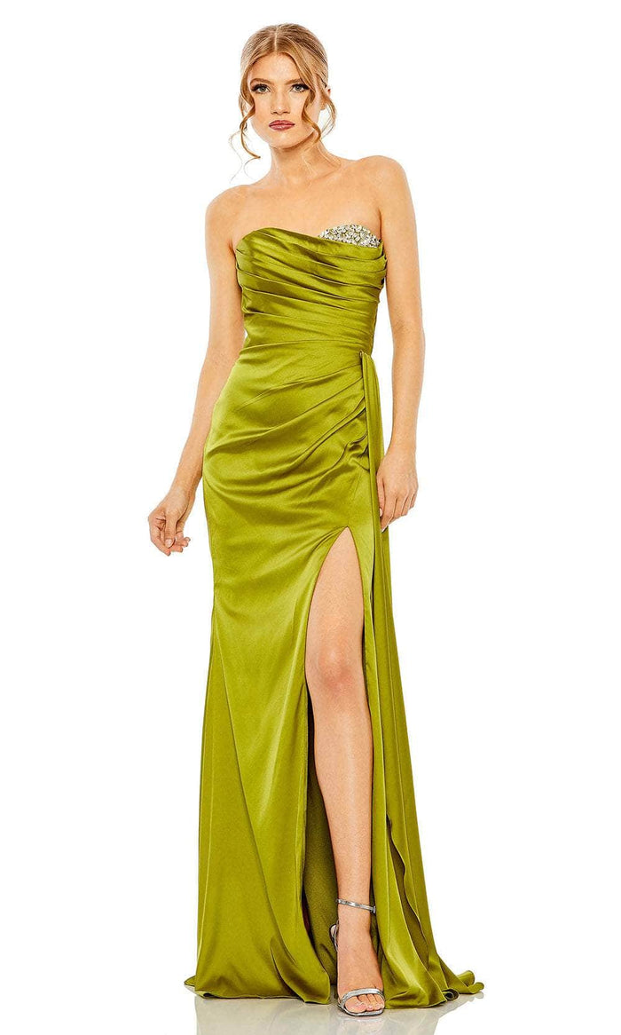 Mac Duggal 2211 - Ruched Satin Prom Gown with Slit Special Occasion Dress 0 / Apple Green