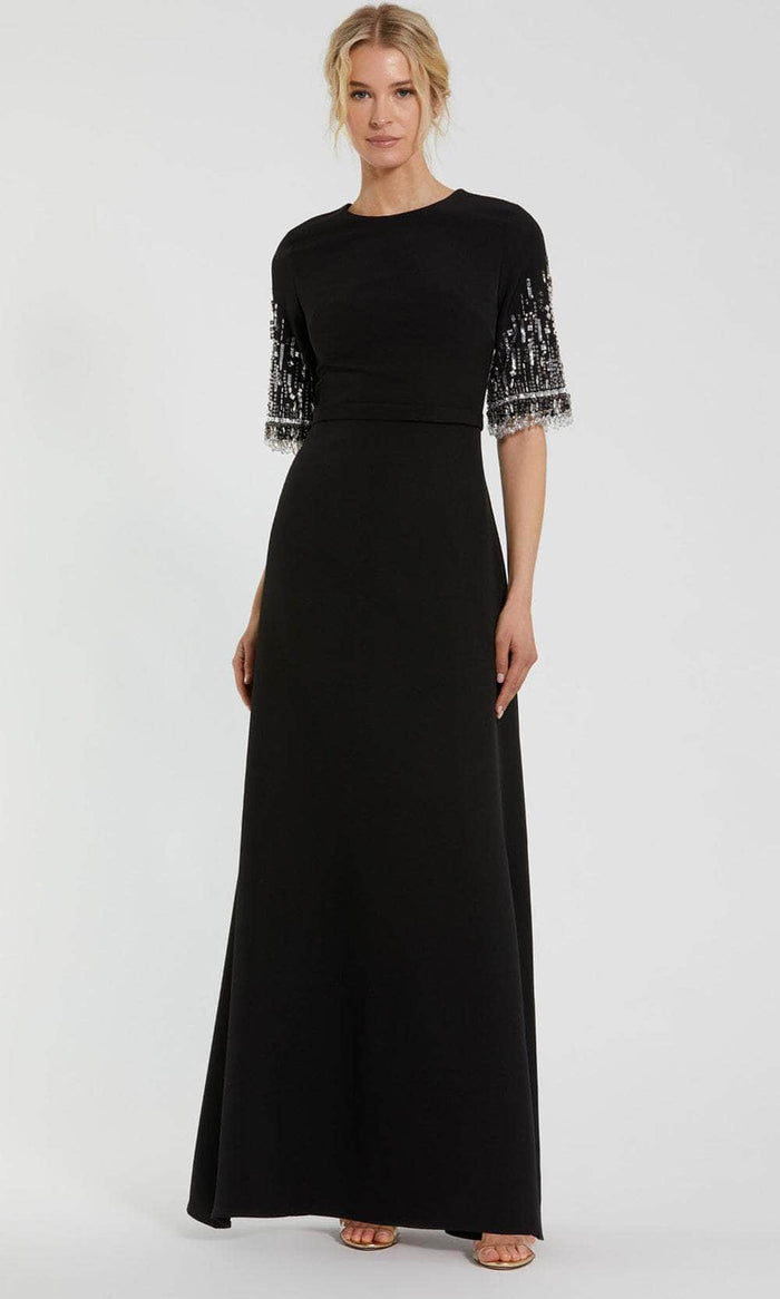 Mac Duggal - Black Crepe A Line Gown with Beaded 3/4 Sleeves - US 4 Mac Duggal - Black Crepe A Line Gown with Beaded 3/4 Sleeves - US 4