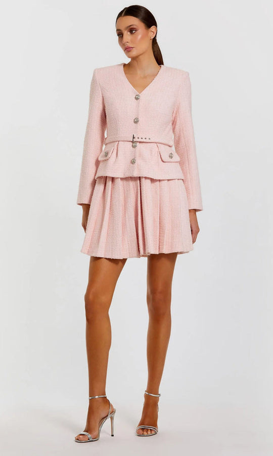 Mac Duggal 27752 - Boucle Long Sleeve Pleated Mini Dress