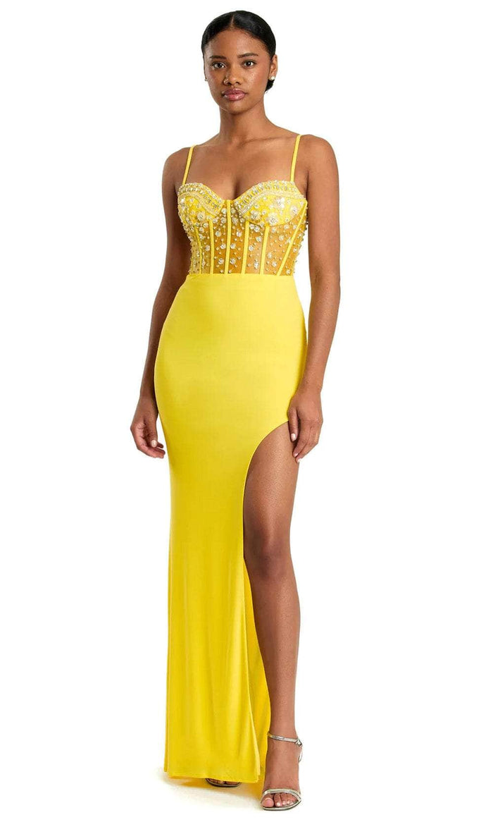Mac Duggal 44029 - Beaded Sheer Sleeveless Prom Gown Prom Dresses XS / Lemon