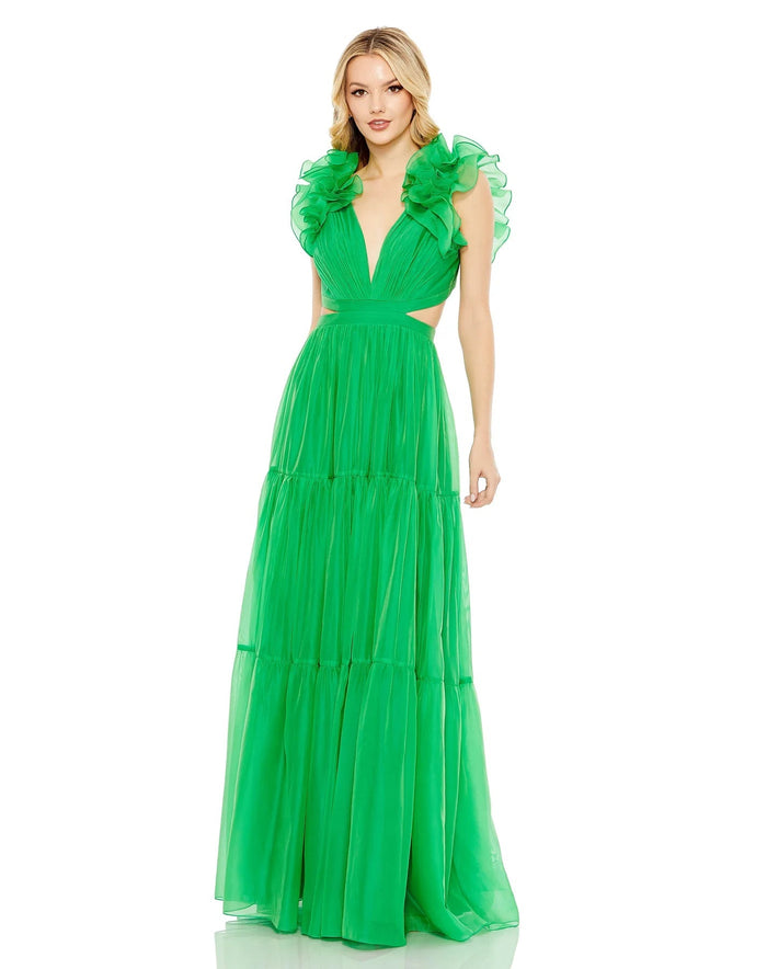 Mac Duggal 49528 - Ruffled Shoulder Evening Dress Prom Dresses 0 / Emerald Green
