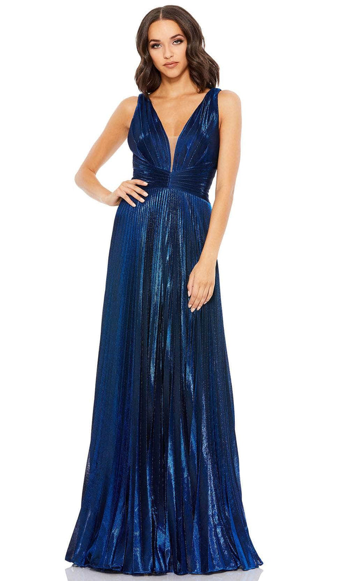 Mac Duggal 50640 - Pleated Metallic Plunging Evening Dress Evening Dresses 0 / Sapphire