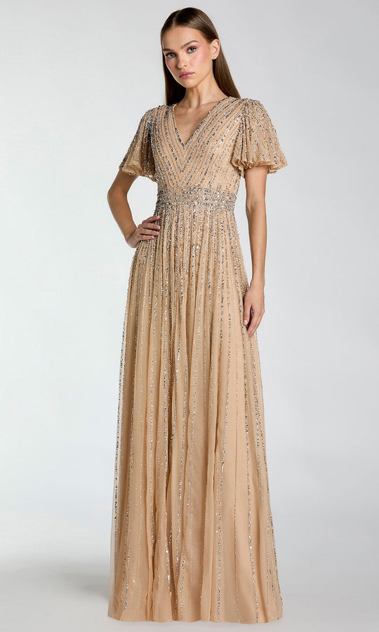 Mac Duggal 5713 - Flutter Sleeve Beaded Mesh Evening Gown