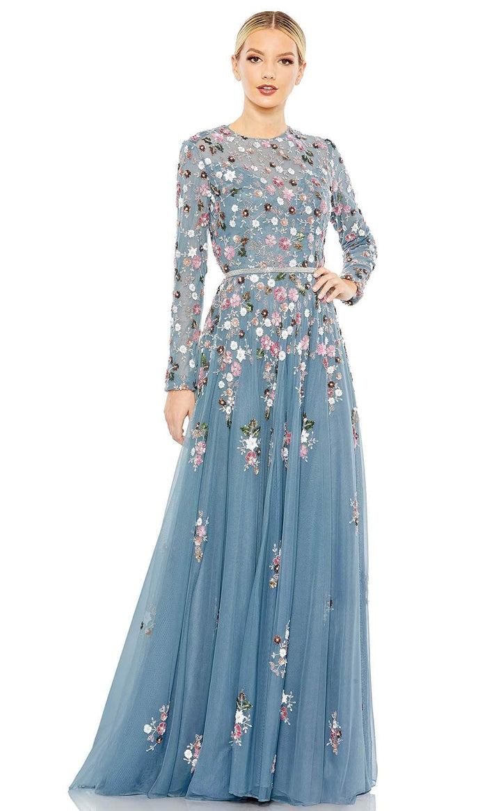 Mac Duggal 5721 - Floral Long Sleeve Prom Gown Prom Dresses 2 / Slate Blue Multi