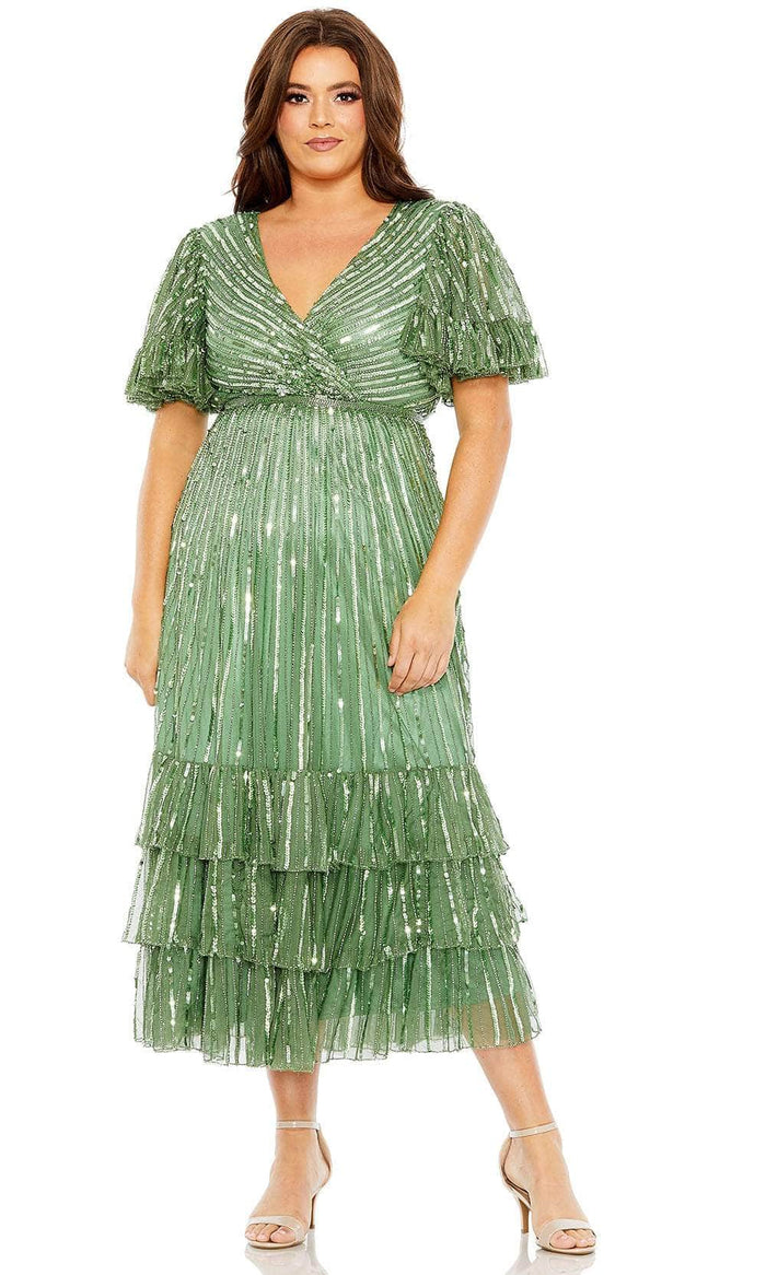 Mac Duggal 5785 - Flutter Sleeve Sequin Tea-Length Dress Holiday Dresses 14W / Sage